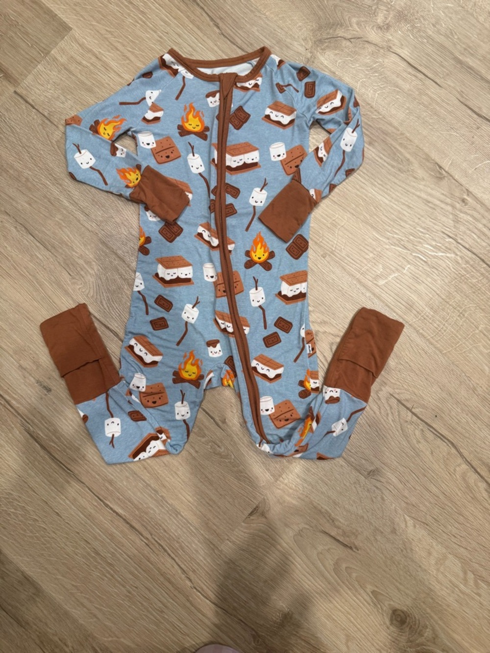 Little Sleepies Blue S'mores Print Footed One-Piece with Brown Trim
